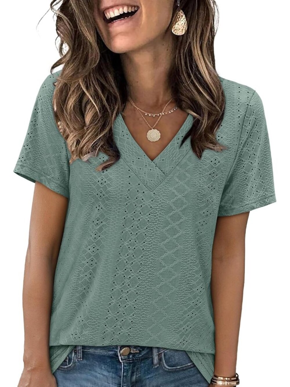 Women's Eyelet Crossed V Neck Short Sleeve T-Shirt